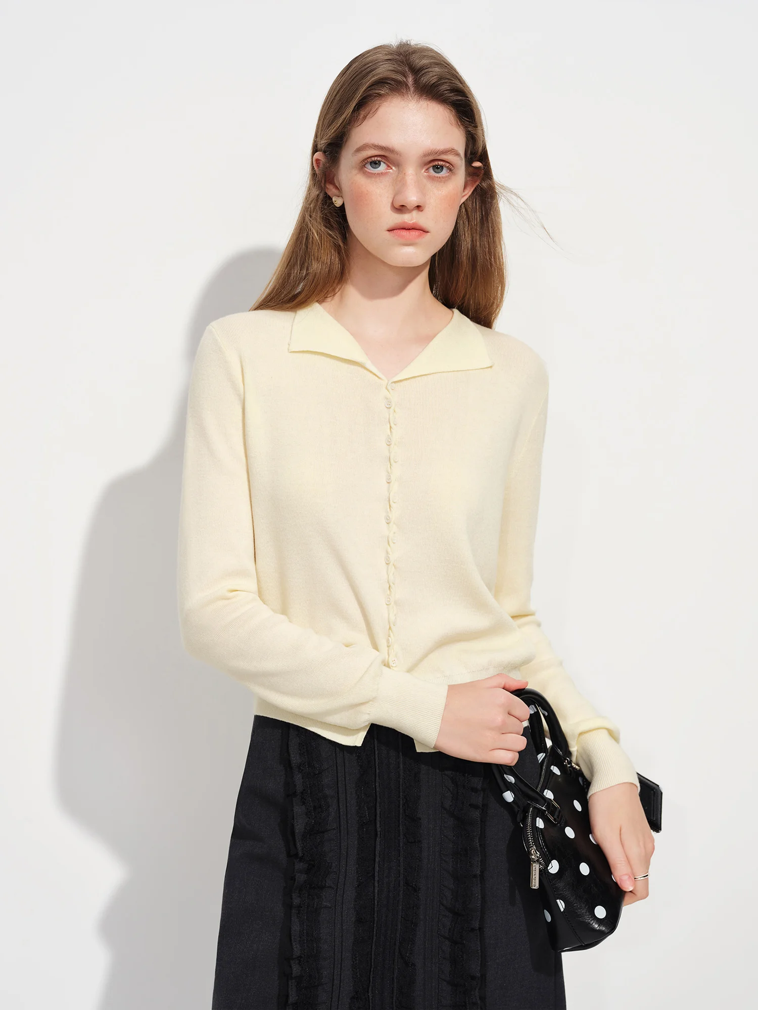 FSLE Gentle Feminine Collared Knit Sweater Women New Spring 2026 Style Cable Knit Placket Design Simple Pullovers Button