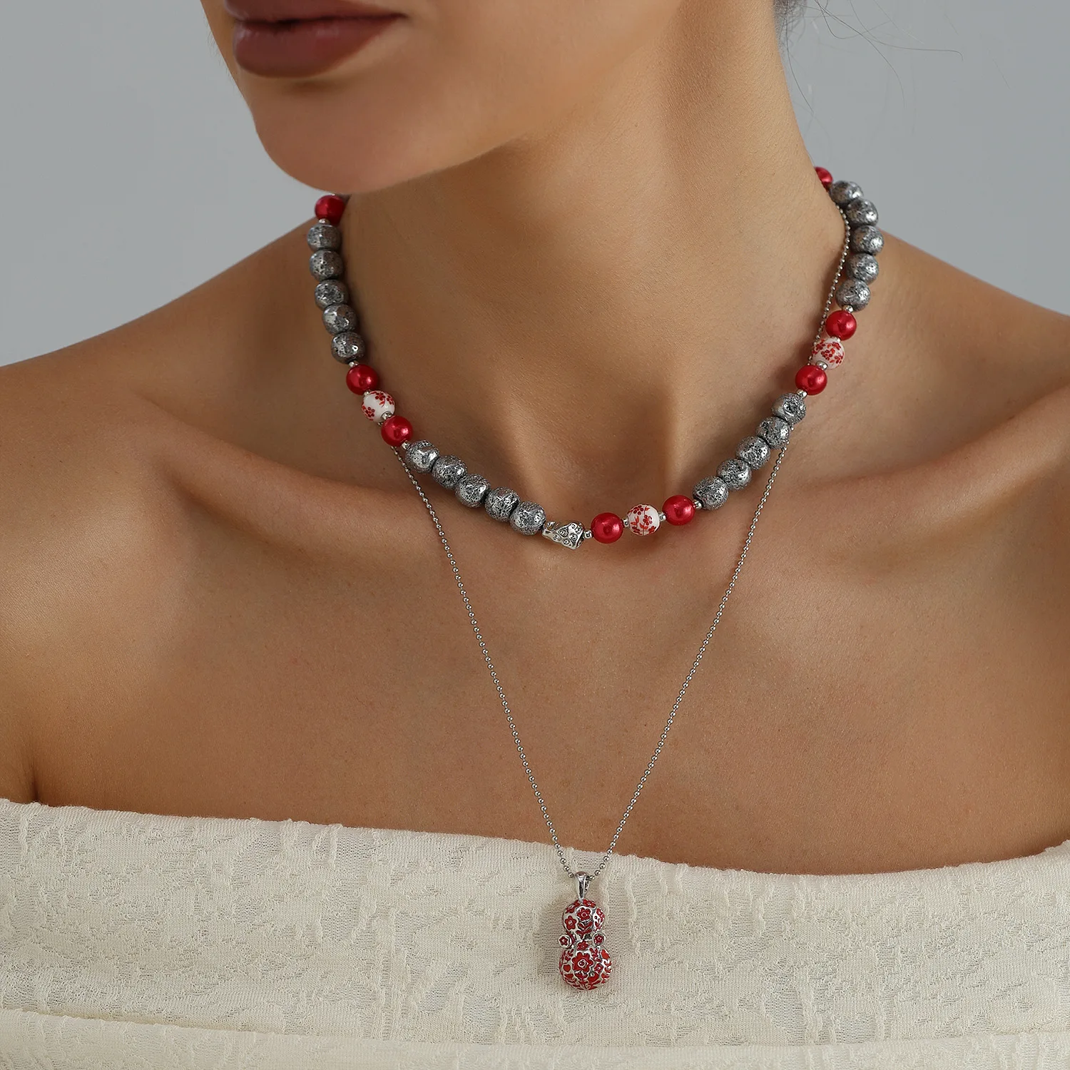 Retro Double Layer Chain Red Peanut Pendant Necklace Women's  Vintage Long Ethnic Style Colorful Flower Beaded Sweater Chain