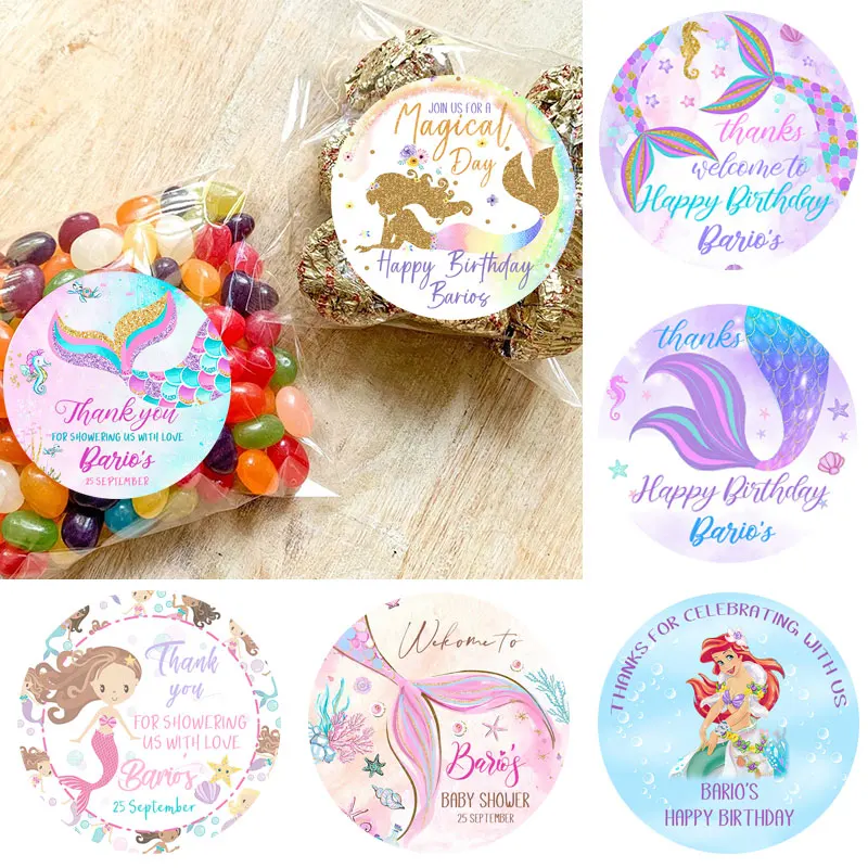 Little Mermaid Party Custom Stickers The Sea Mermaid Girl 1st Birthday Favor Lables Personalized Your Text Baby Shower Sticker