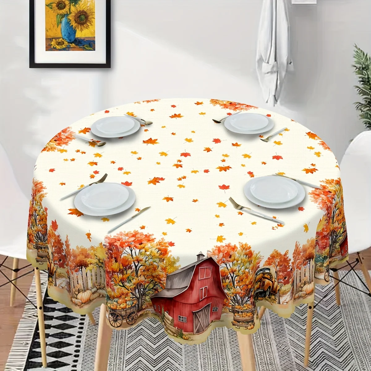 One rectangular circular tablecloth, pumpkin maple leaf tablecloth, red farm, harvest theme.zyc