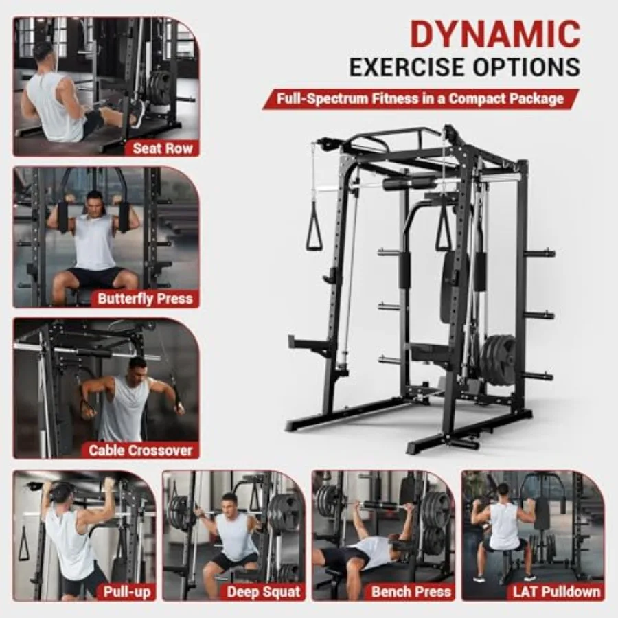 Home Gym Power Rack with Cable Pulley System, Pull Up Bar, Dip Station, Weight Plate Storage