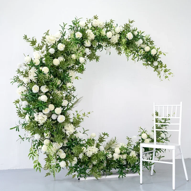 

Artificial Green Plant White Rose Floral Row Arrangement Moon Arch With Flower Wedding Backdrop Decor Photo Props Flowers Decor