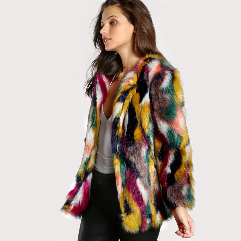 Chaquetas Para Mujer Oversized Man-Made Fur Jackets For Women Mixded Color Fashion Female Warm Fake Fur Coats S/9Xl J3251