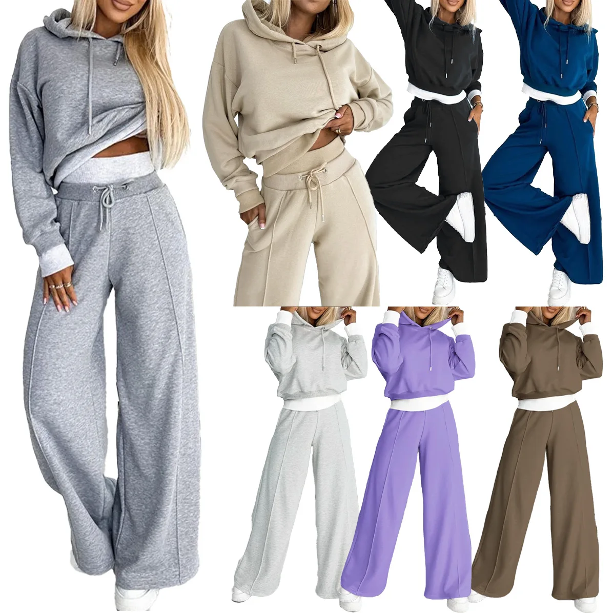 Splicing Hooded Sweater Sets for Women 2023 Autumn Block Color Casual Long Sleeve Hoodies Wide Leg Pants Female Two Pieces Suits