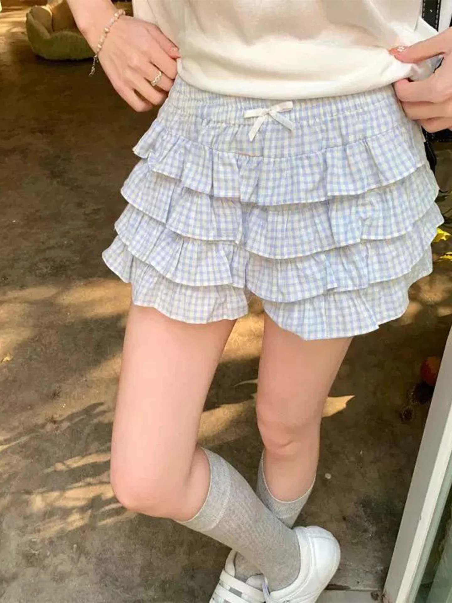 Sweet Plaid Multi-layered Ruffle Short Skirt Women's High-waist Midi Skirt Design Summer Pure Desire Pumpkin Pants Skirt