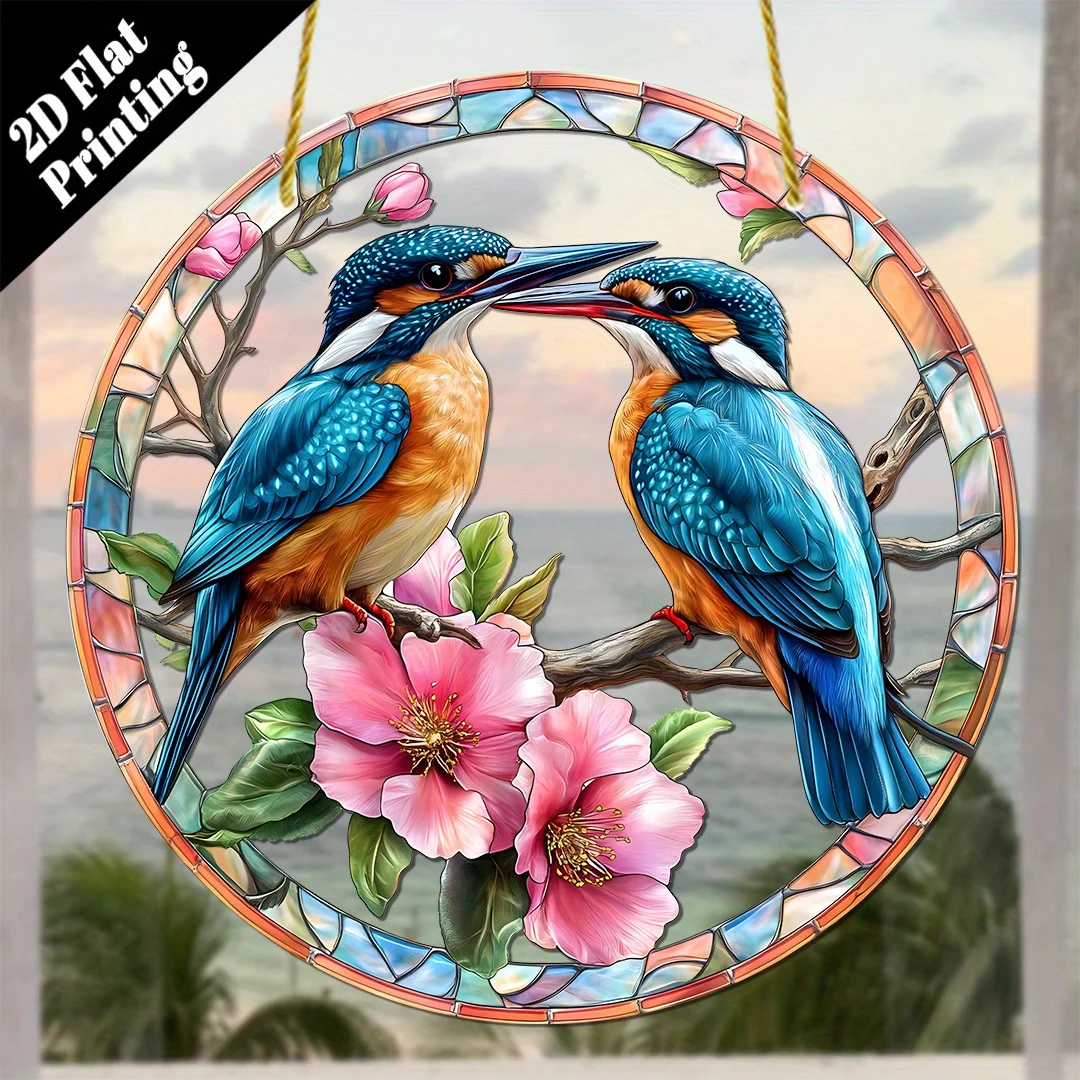 [2D Flat], 2D Flat Printing, 1pc, Kingfisher And Flowers Suncatcher, Gardening Sunlight Collector Ornament (22.86cm X 22.86cm),