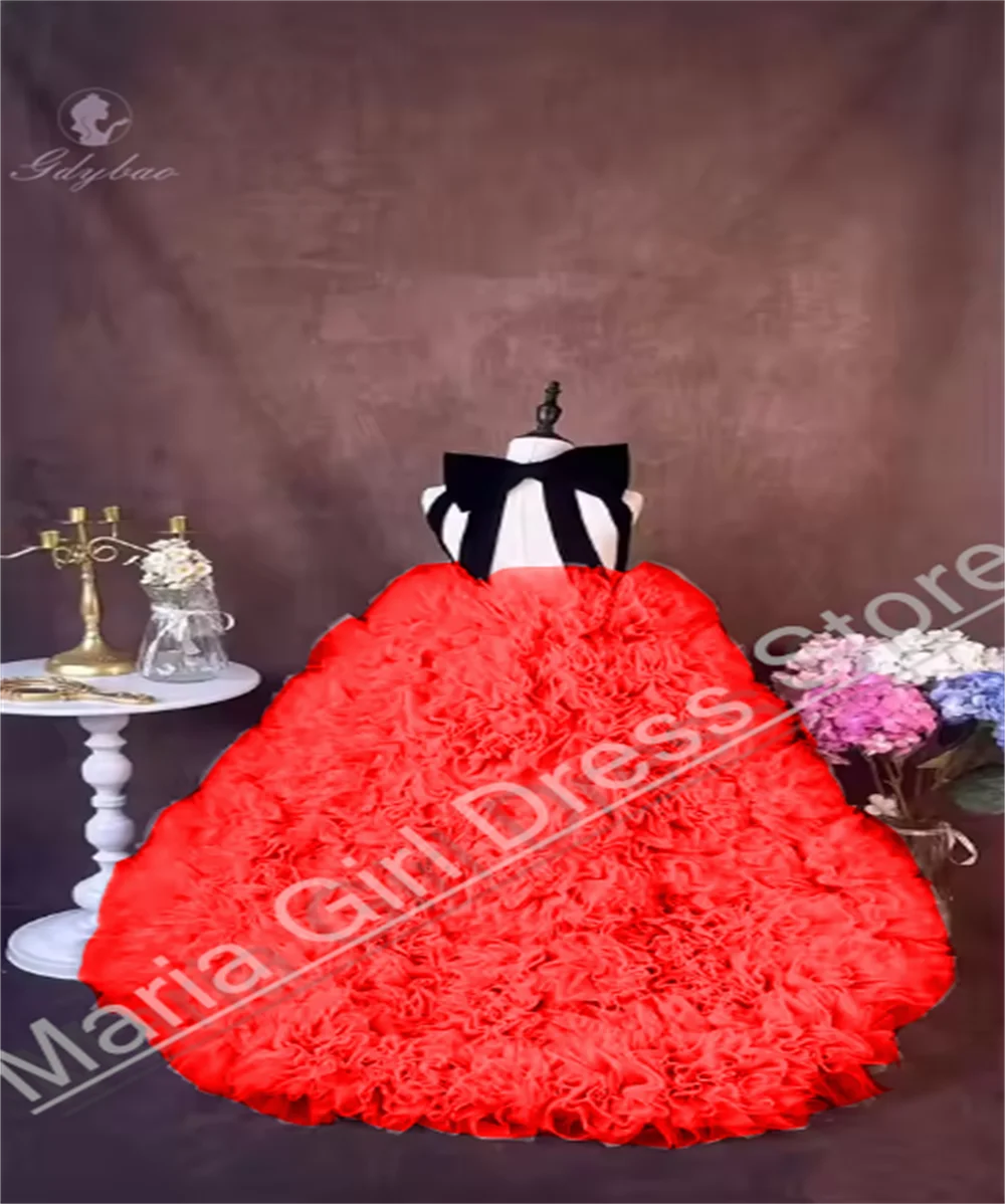 Girls Pageant Party Gowns Black Red Halter Flower Girl Dress Floral Birthay Party For Kids First Communion Gown