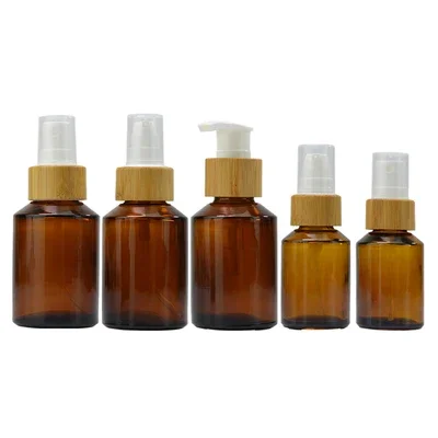 

bamboo pump caps Amber Glass Bottle with bamboo lids Cosmetic container Emulsion spray pump empty bottle Body Lotion bottle