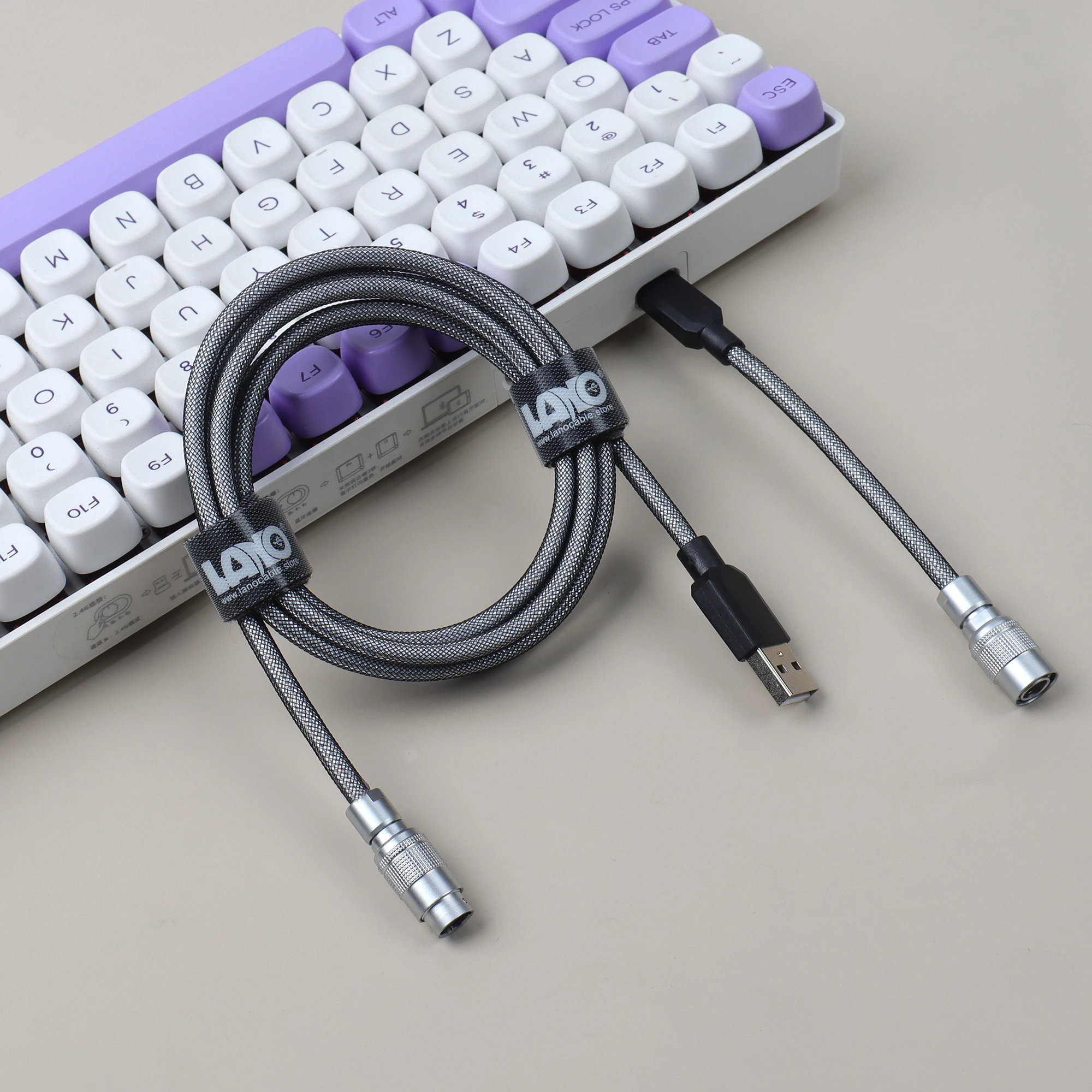【LANO】Black White Type-C to USB Double-Sleeved Mechanical Keypad Cable YC8 Aviator Detachable Connector for Mechanical Keyboard