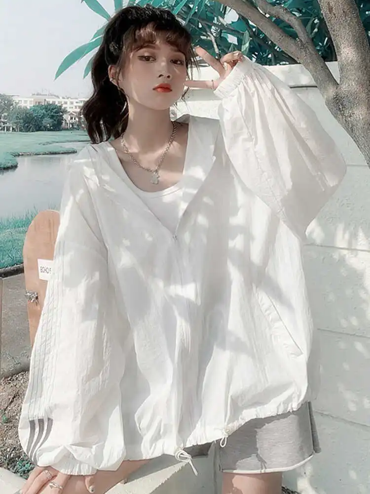 Summer and Autumn Outdoor Cycling Cardigan Loose Casual Versatile Student Hooded Thin Sun Protection Jacket for Women