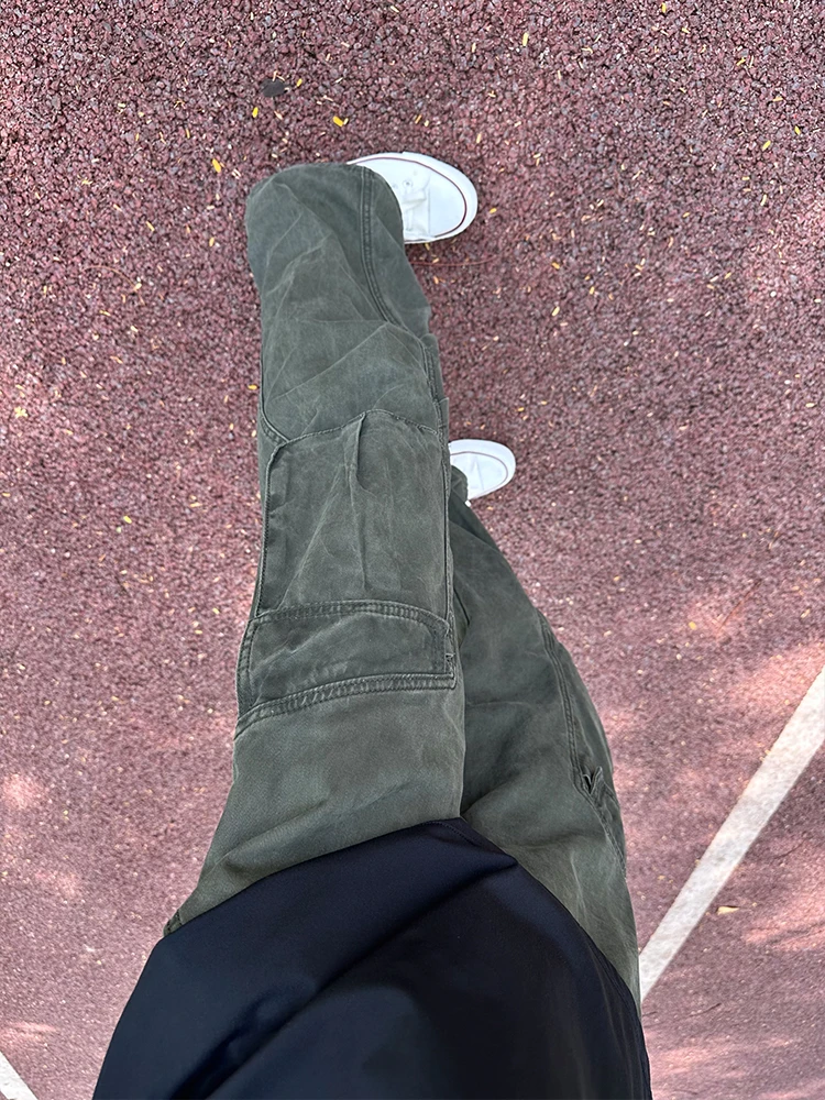 

Retro American Paratrooper Work Pants Men's Trendy Brand Weathered Multi-ket Logging Pants Pleated Straight Leg Micro Flar...