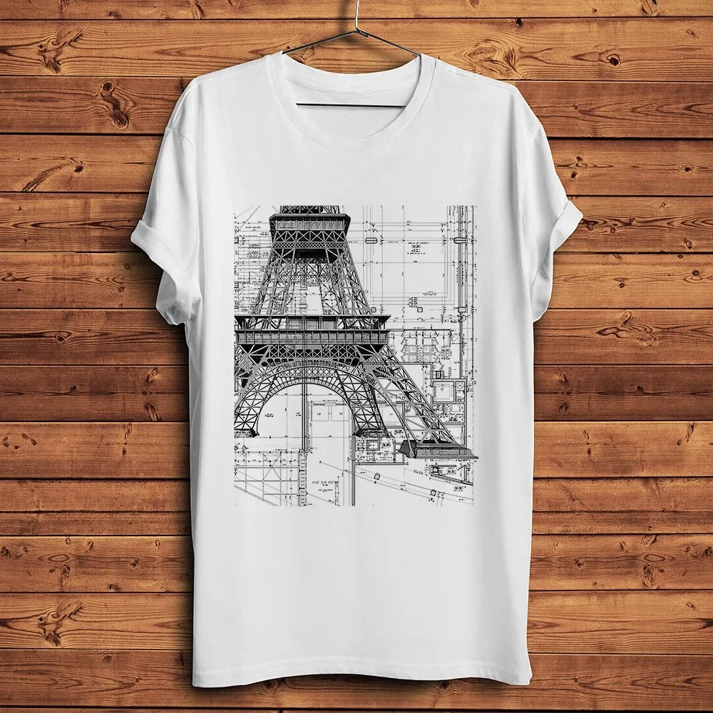 Eiffel Tower Construction Design Blueprint Funny Geek T Shirt Men White Casual T-shirt Homme Unisex Engineer Streetwear Tshirt