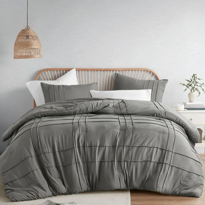 Duvet Cover Set - 3 Pieces Pintuck Pleated Farmhouse Duvet Cover, All Season Lightweight, Cotton-Like Softness