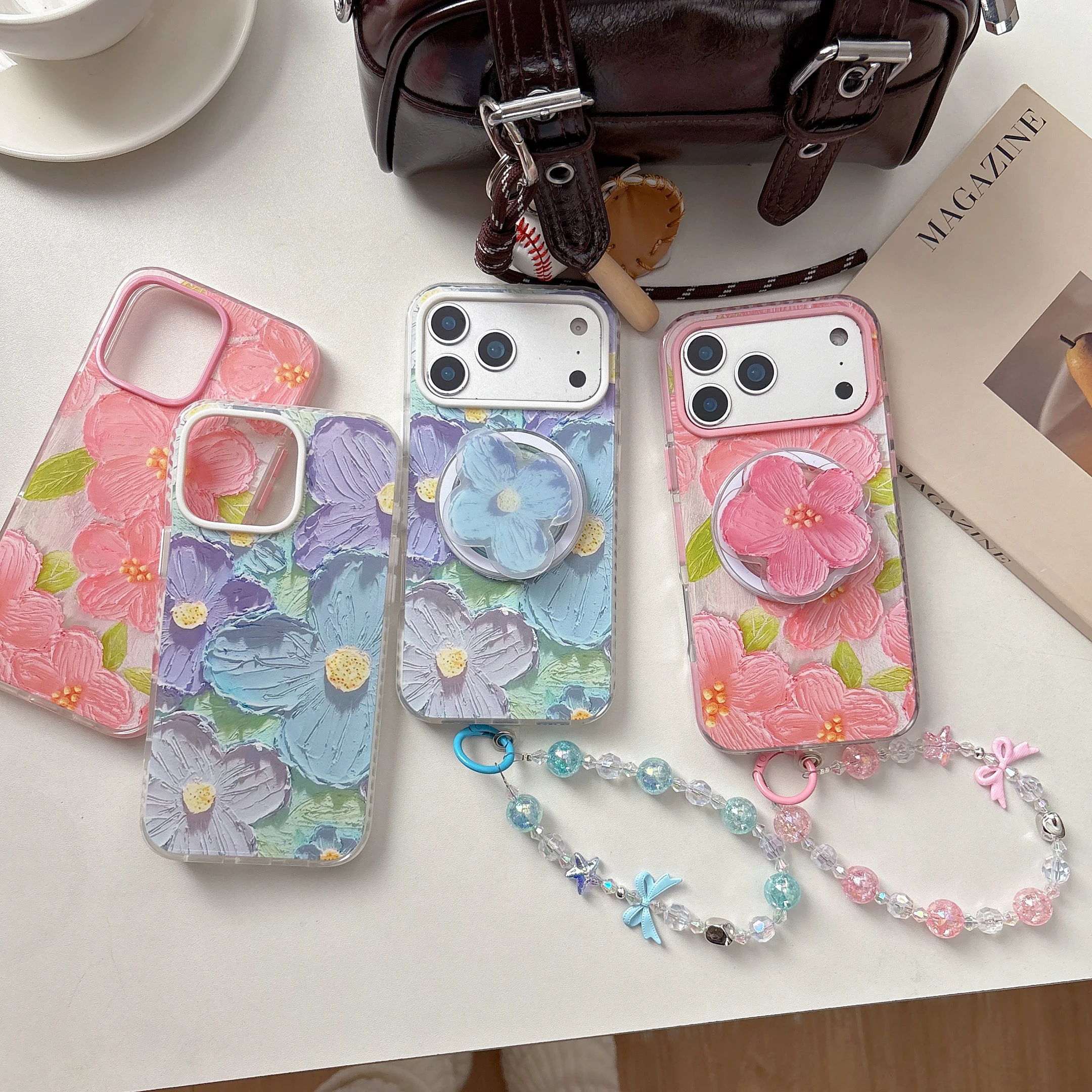 

Back Cover For iPhone 13 14 15 16 17 Pro Max Case Oil Painting Flower Bracket Magnetic Attraction Bracelet Chain Back Cover