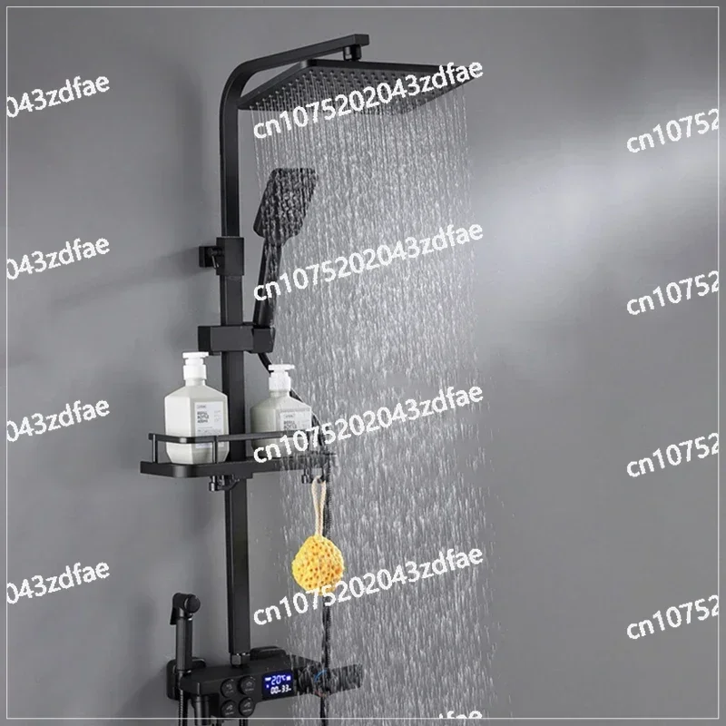 Wall Mounted Square Bathroom Shower System Black Gold LED Digital Hot Cold Thermostatic Shower Faucet Set Rainfall Bathtub Tap