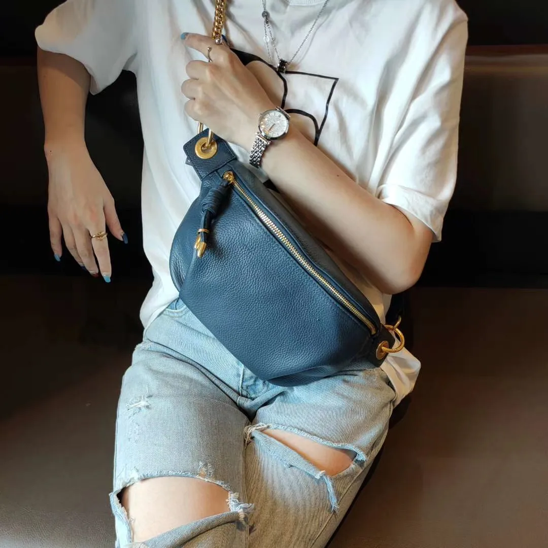 New chest bag female fashion waist bag head layer cowhide wide shoulder strap single shoulder crossbody bag