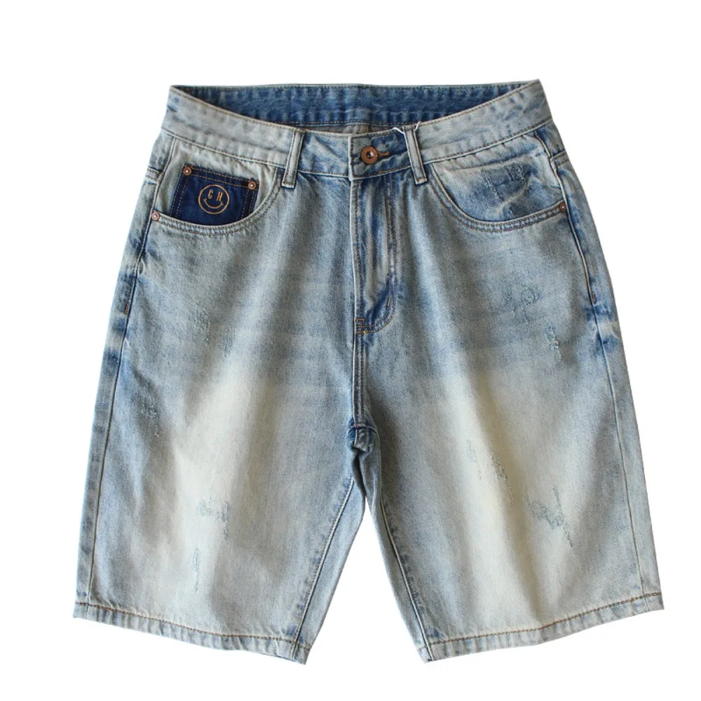 Contrast color pocket embroidery printing washing and worn edged summer men's straight loose denim five-point pants