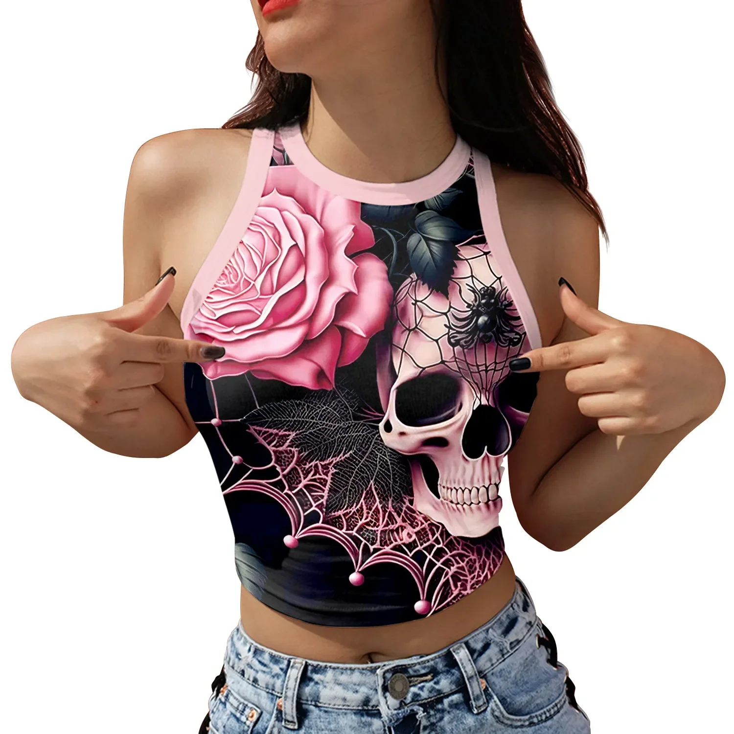 

Halloween Cosplay Crop Tops for Women Skull Printed Sleeveless Shirts Y2K Tank Tops Gothic Vest Lady Fashion Streetwear Clothing