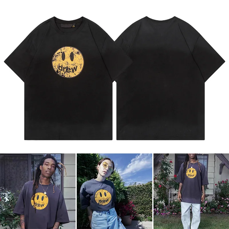 

Drew House Premium Quality Short Sleeve New Smiley Retro Washed Distressed Oversized Streetwear Couple T-Shirt for Men