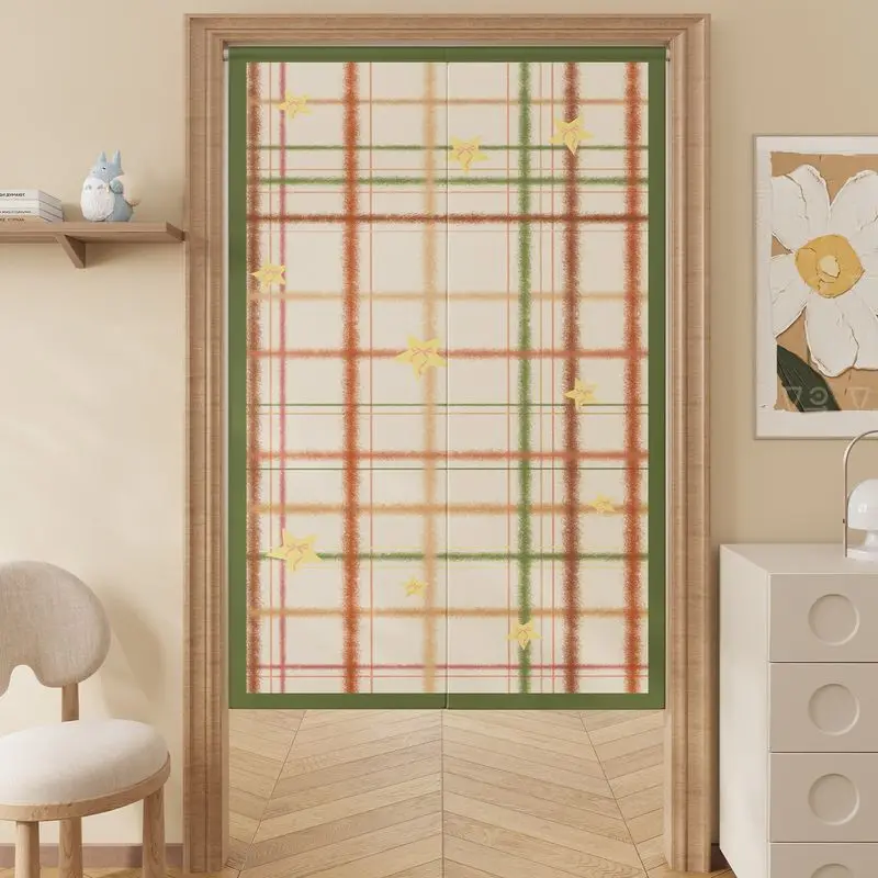 VIKAMA Japanese Green Brown Plaid Star Noren Doorway Curtain Room Divider Privacy Tapestry for Kids Room Warm Home Decor