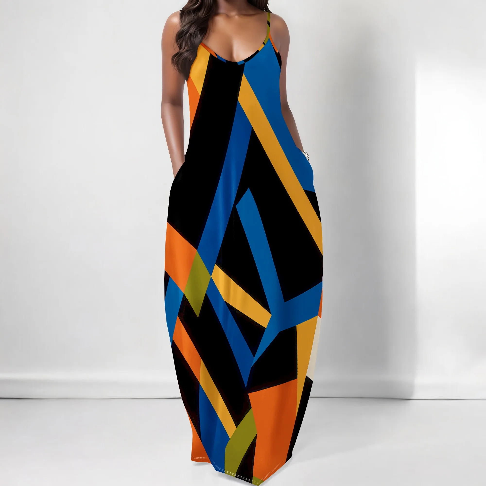 

Geometric Color Block Maxi Dress S-3XL Spaghetti Strap Loose Fit with Pockets for Art Fest, Streetwear or Gallery Look
