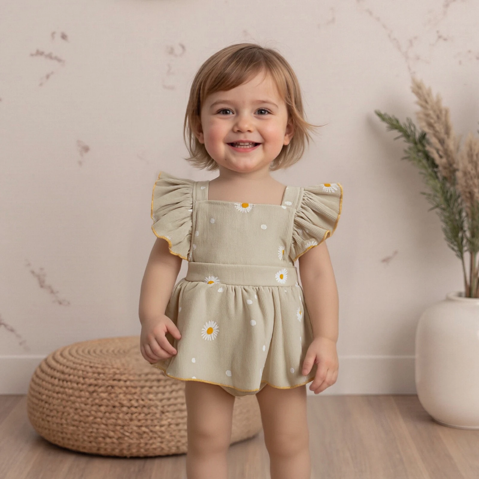 طفلة الخريف الملابس أزياء ديزي دوت طباعة أكمام ساحة طوق رومبير اللباس #3