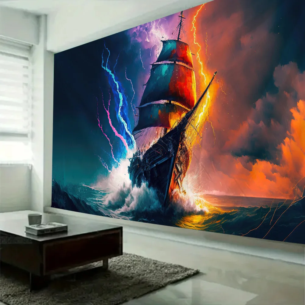 Wave pirate ship tapestry, ocean oil painting, wall hanging, dreamy landscape, starry sky, home decoration, room hanging cloth
