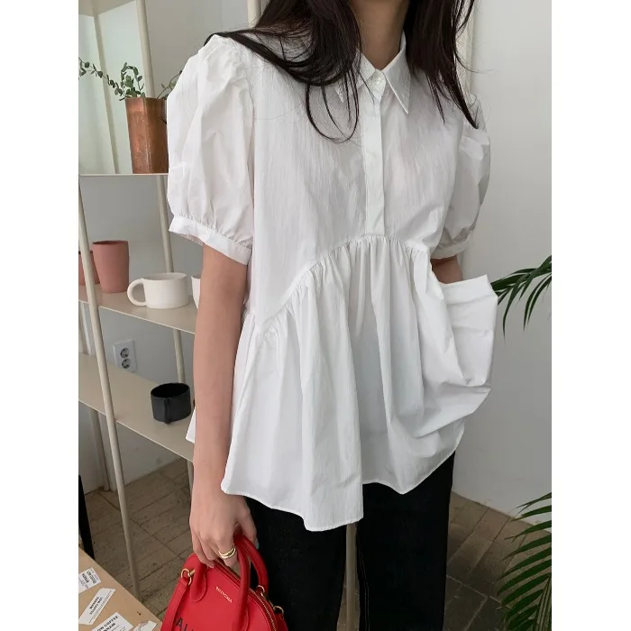 Chic Summer Vintage Turn-down Collar Ba Pleat Design Loose Irregular Bubble Sve irt Women's  Ne ort Sve Top