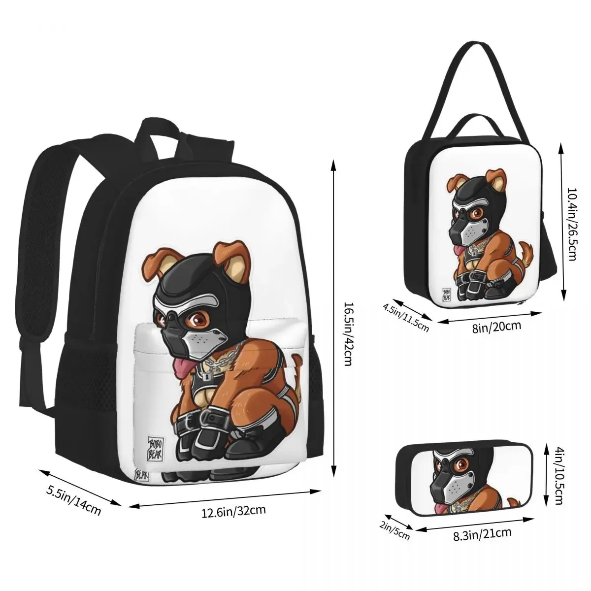 PLAYFUL PUPPY - WHITE MASK - BEARZOO SERIES Backpack Bookbag School Bags Cartoon Kids Rucksack Lunch Bag Pen Bag Three-Piece Set