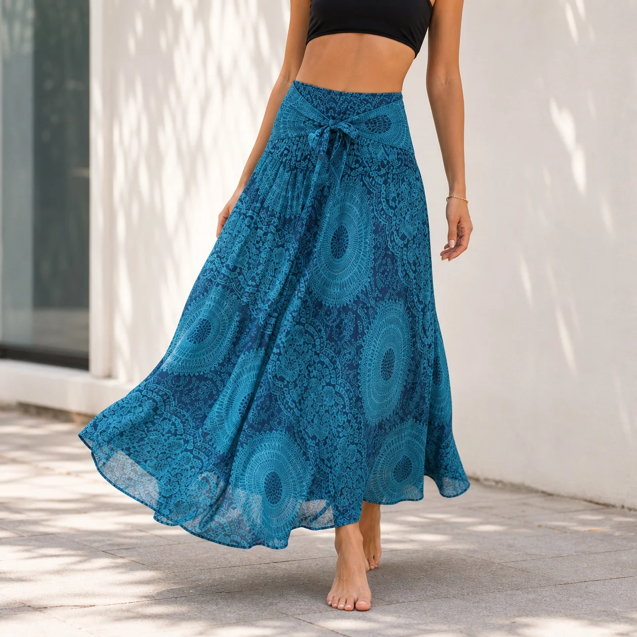 Women's Boho Flared Midi Long Skirt for Women with Halter Neck Sleeveless Elastic Waist Printed No Collar Casual Wrap Skirt