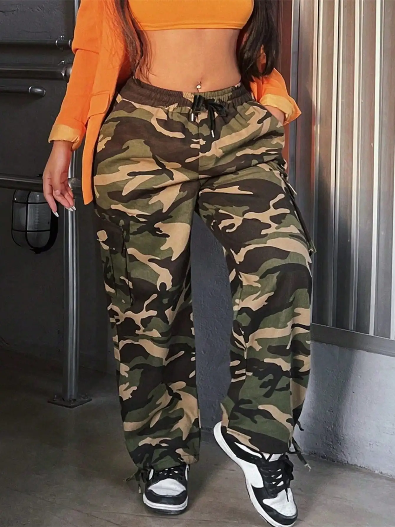 

Ladies' Camouflage Printed Drawstring High-waisted Work Pants with Loose Pockets Outdoor Y2k Elastic Waist Casual Trousers