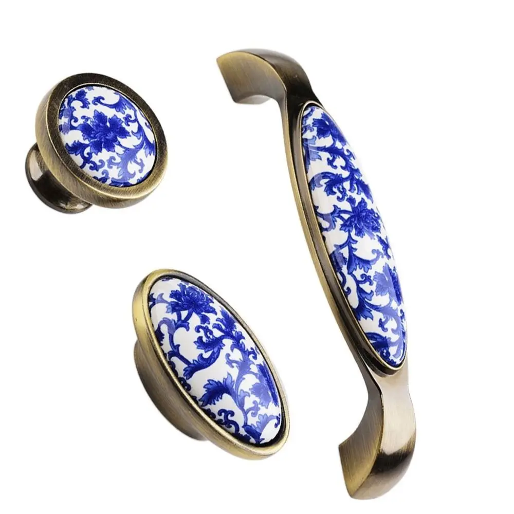 Flowers Ceramic Fashion Blue And White Furniture Creative Drawer Knobs Dresser Cabinet Handles Door Handle Pull Handles