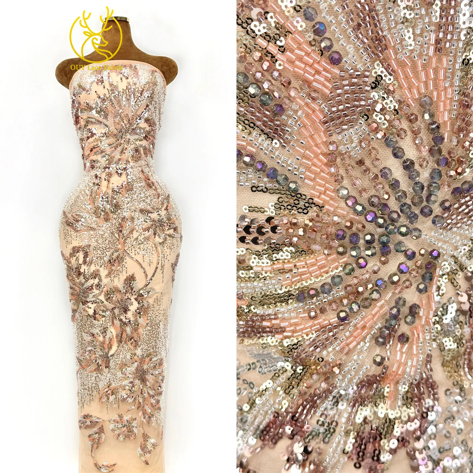 2026 Luxuriöser mexikanischer Perlen-Spitzenstoff 2026 Premium französischer nigerianischer Pailletten-Spitzenstoff, ideal für Hochzeitskleider und Partykleider – Detail 4