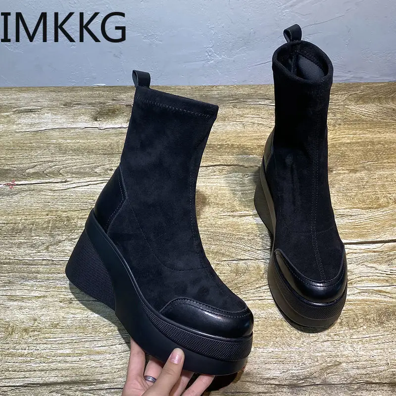 Autumn Boots Women Shoes Woman Boots Fashion Round toe Ankle Boots 2020 Winter Elastic Black Boots Comfortable Botas