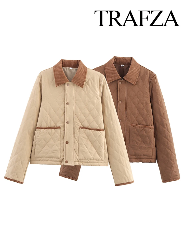 

TRAFZA Women Autumn Winter Vintage Diamond Plaid Cotton Long Sleeve Jacket Female Versatile Single-breasted Pockets Casual Coats