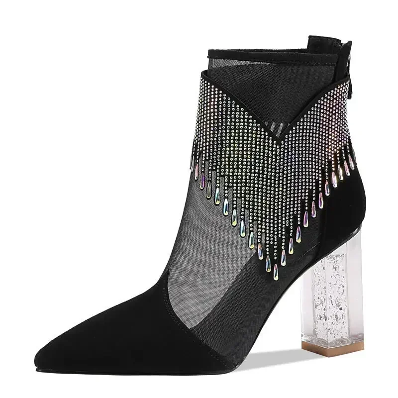 

Rubber Soled Dance Boots Women 2025 Spring Pointy Rhine-diamond Tassel High Heel Mesh Latin Jazz Modern Dance Shoes Stage Show