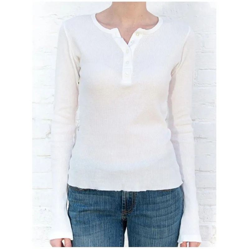 Modny guzik solidne koszulki z okrągłym dekoltem z długim rękawem damskie nowe proste bawełniana Basic miękkie Casual bluzki Vintage Streetwear eleganckie koszulki Y2K — zdjęcie 2