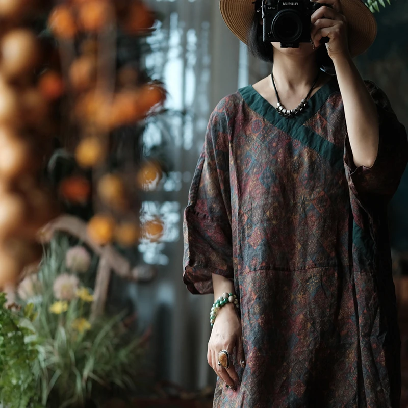 Abito lungo casual da donna oversize Nuovo arrivo 2025 Abiti estivi in lino femminile allentati con stampa floreale stile vintage con scollo a V M1669