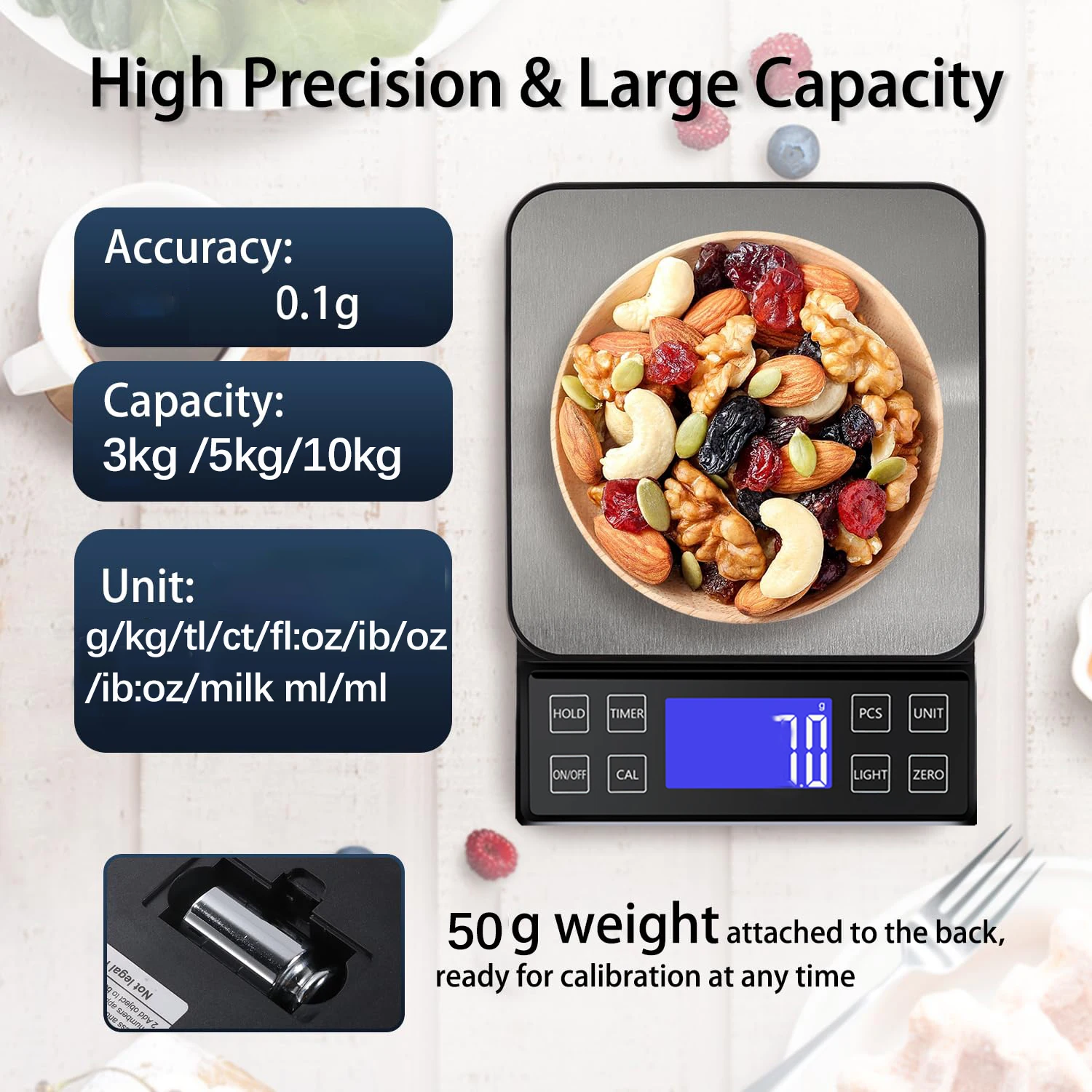 3kg/5kg/10kg 0.1g Digital Kitchen Scale Electronic Scale with 50g Weights and Pan Household Waterproof Balance for Food Baking