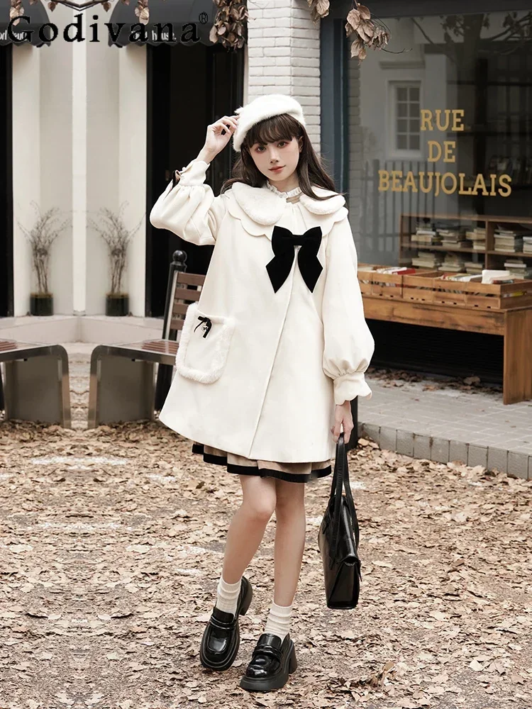 

Original Design Girly Sweet Bow Petal Collar Lolita Wool Coat Jackets Women's Autumn and Winter Loose A-Line White Long Overcoat