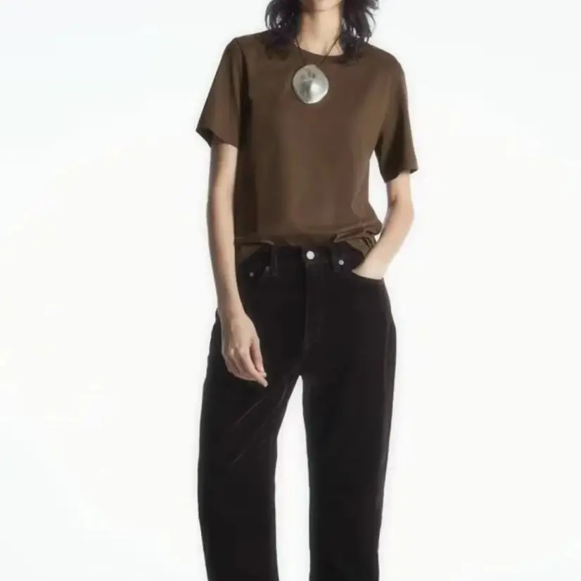 COS LRIS 라운드넥 골지 반팔 티셔츠, 표준 에디션, 다크 브라운 2024 신제품, 0753391115