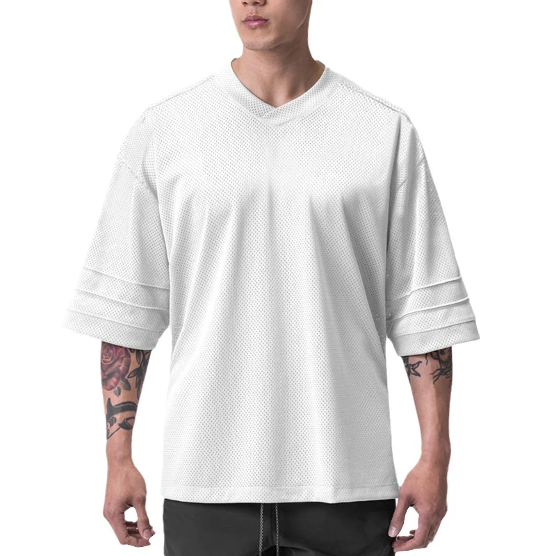 Plain Gym Clothing Mens Bodybuilding Oversized T Shirt Mesh Dropped Shoulders Half Sleeve T-shirt Fitness Workout Sports Tshirt