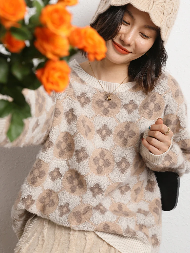 جديد إمرأة 100% سترة الكشمير المعنقة الجاكار منشفة التطريز س الرقبة البلوز الصناعة الثقيلة التطريز الخريف الشتاء فضفاض سميكة القمم