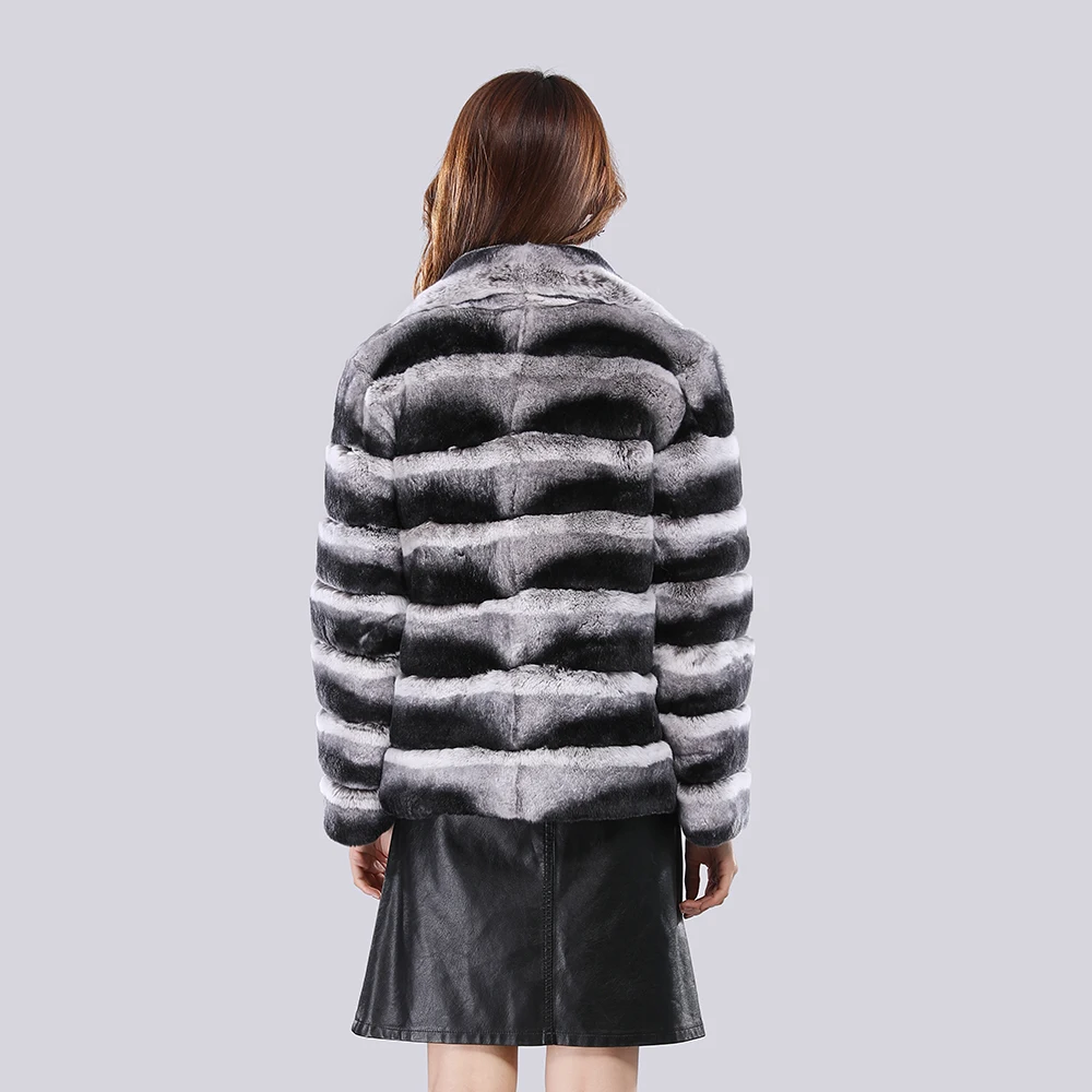 Vendita calda donna vera pelliccia cappotto grande bavero colletto corto giacca di coniglio Rex pelliccia piena cincillà colore spesso caldo cappotto da donna