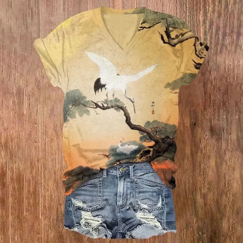 T Shirts Vintage Cranes Flying Under The Sun Art Pattern Print Short Sleeved V-Neck Women's T-Shirt Summer Tops