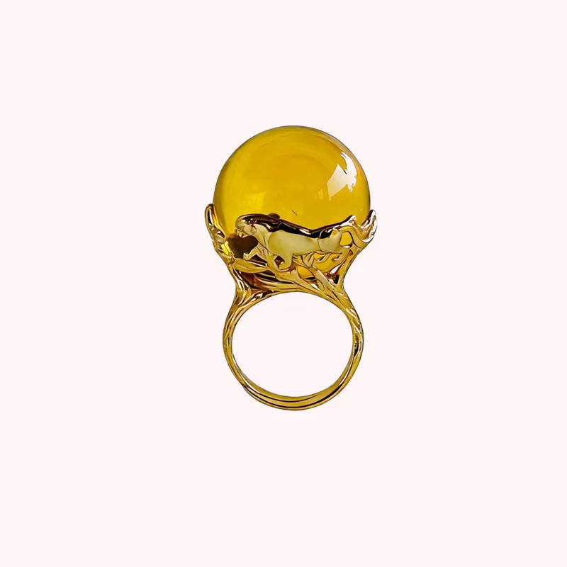 20mm Natural Blue Amber Inlaid S925 Silver Large Ring Leaf Leopard Melt
