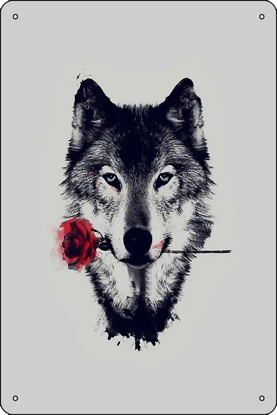 The Wolf With a Rose Art Print Funny Metal Tin Sign for Home Kitchen Bar Room Garage Decor 