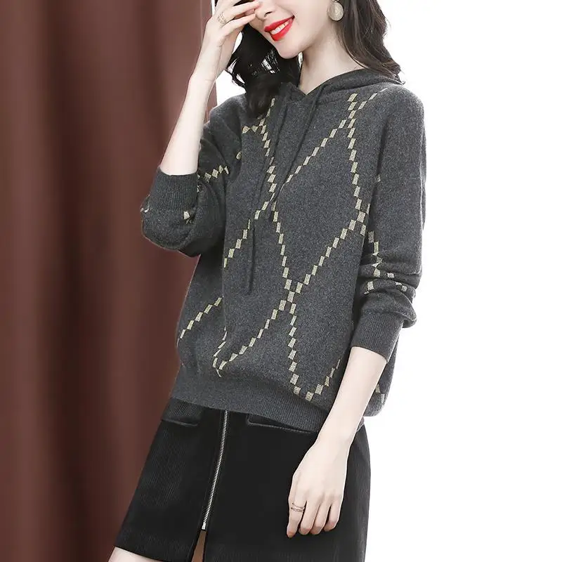 

Women's Pullover Knitted 2023 Spring Autumn Long Sleeve Solid Color Striped Hooded Collar Drawstring Loose Sweater Korean Tops