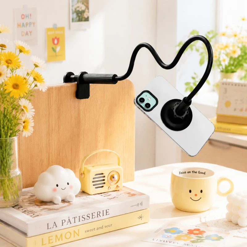 

120CM Foldable Gooseneck Phone Stand, Silicone Metal Clamp Holder, Portable Bed Desk Mount for iPhone, Android & Content