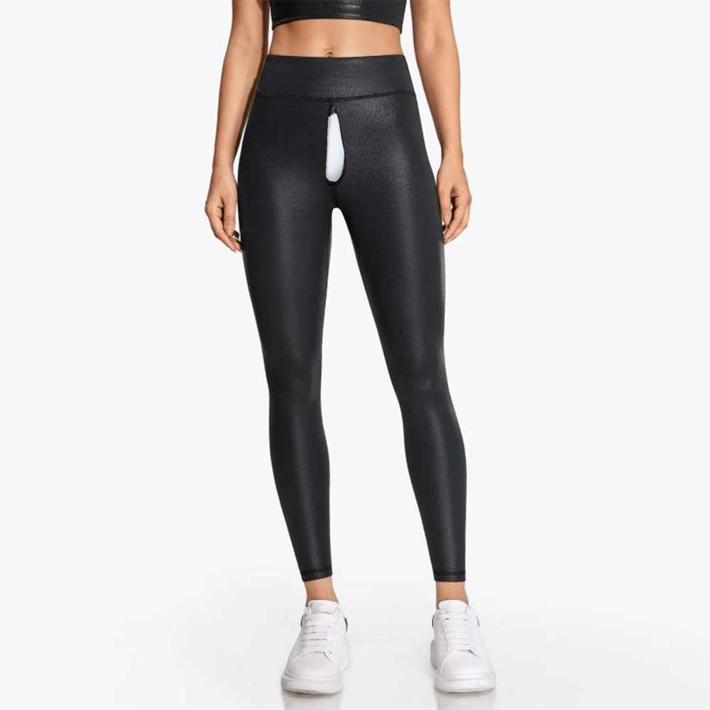 

Faux Leather Zipper Crotch Tummy Control Leggings Women High Waist Gym Yoga Pants